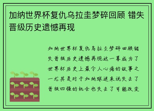 加纳世界杯复仇乌拉圭梦碎回顾 错失晋级历史遗憾再现